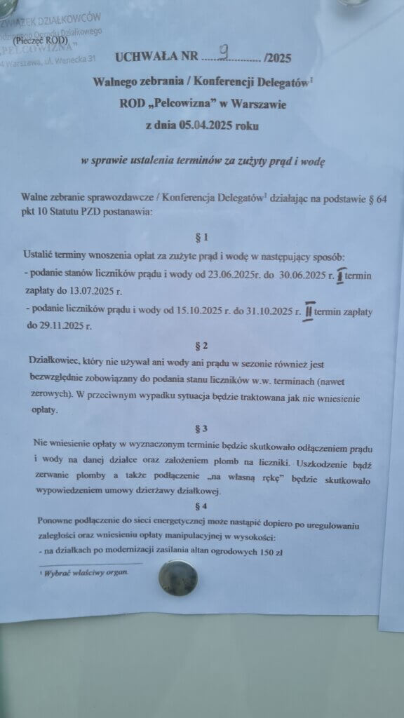 UCHWAŁA NR.9 O TERMINACH ZA PRĄD I WODĘ